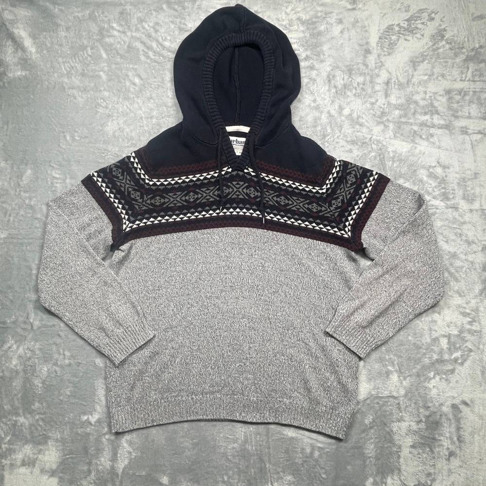 Urban Pipeline Hooded Sweater Mens XL Grey Navy Fair Isle Knit Pullover